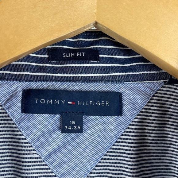 Tommy Hilfiger Men’s Size 16 Slim Fit Stripe Button Up Shirt Nautical Office - Picture 3 of 6